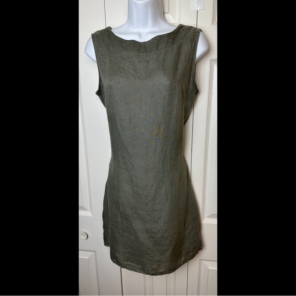 BELLAMBRA 100% Linen Dress Olive Green Made in Italy Crochet Back Sheath Shift - Picture 10 of 10